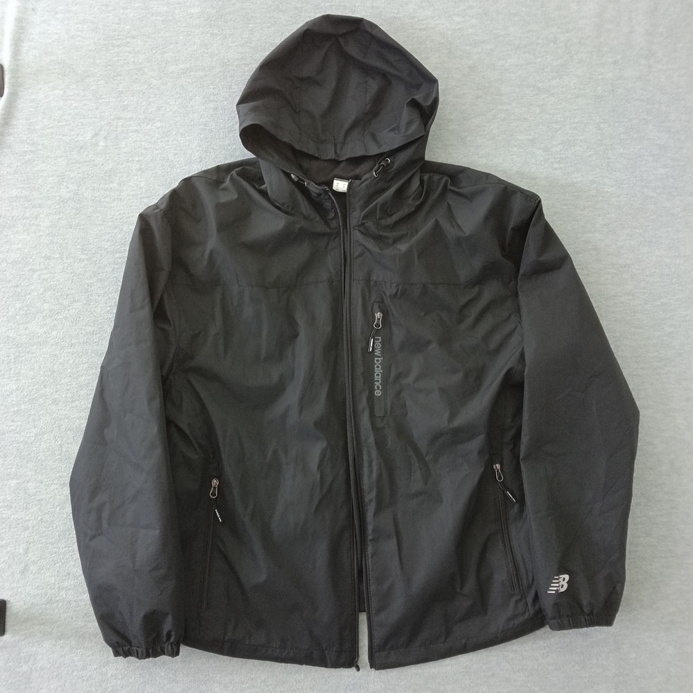 New Balance Mens XL Black Hooded Windbreaker Full Zip Mesh Lined Jacket RN130893